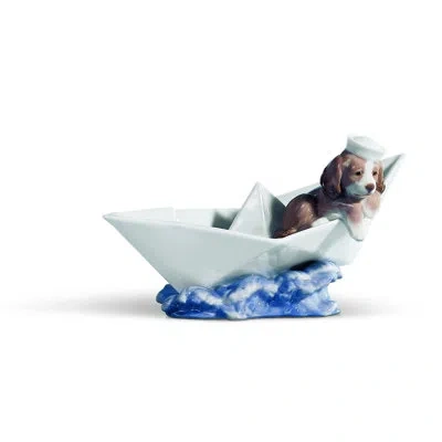 Lladrò Little Stowaway Dog Figurine In White,blue,brown