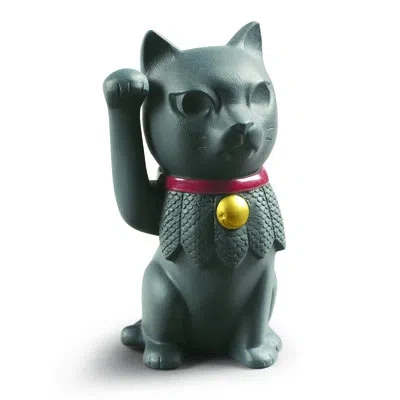 Lladrò Maneki Neko Figurine In Black,red,gold