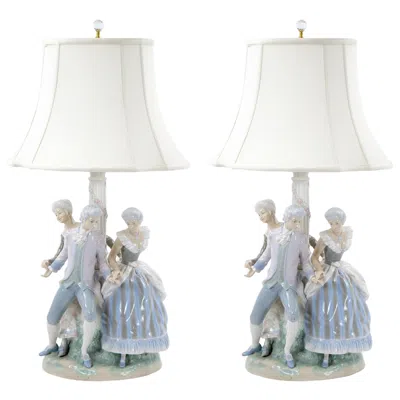 Pre-owned Lladrò Mid 20th Century Pair "la Tarantela" Porcelain Limited Edition Table Lamps In Transparent