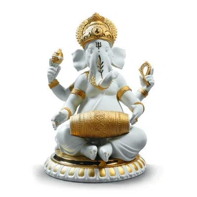 Lladrò Mridangam Ganesha Figurine In White,gold