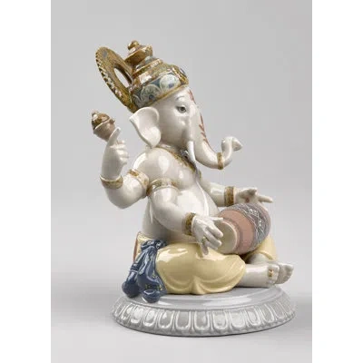 Lladrò Mridangam Ganesha Figurine In White,yellow