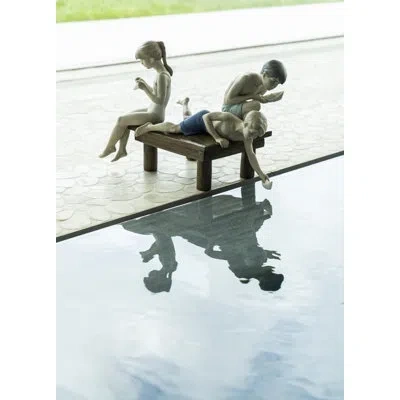 Lladrò Paper Boats Children Figurine In Beige,brown,blue