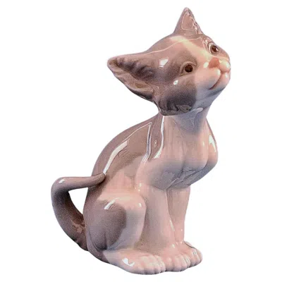 Pre-owned Lladrò Lladro Porcelain Cat Sculpture, Bluish-gray & White, Spain, 1980 - Retired In Brown