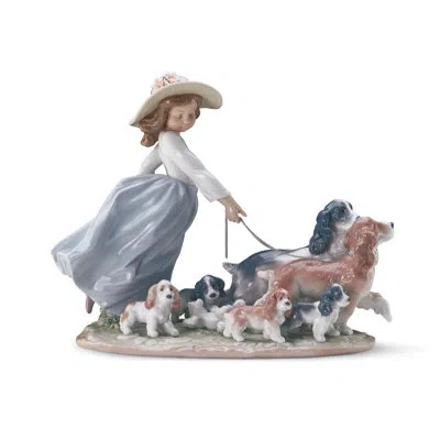 Lladrò Puppy Parade Girl With Dogs Figurine In Blue,brown,white
