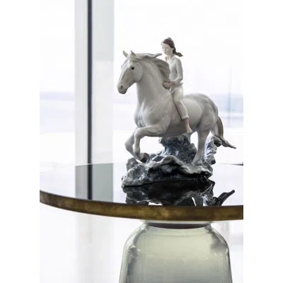 Lladrò Riding Her Horse On The Seashore Horse And Woman Figurine In White,blue,brown