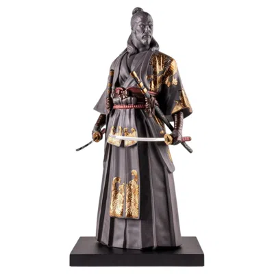 Pre-owned Lladrò Shogun Heritage Sculpture In Matte Black Porcelain & Gold Luxury Japanese Art