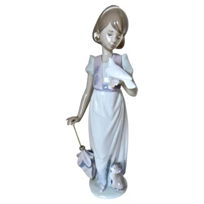 Pre-owned Lladrò Summer Stroll Porcelain Figurine By Lladro, Spain, "young Girl With Umbrella" In Gray