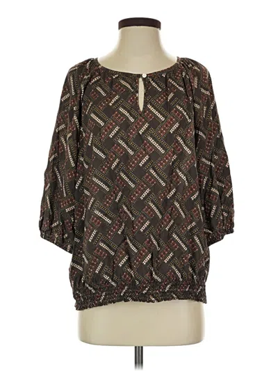 Pre-owned L.l.bean 3/4 Sleeve Silk Top Brown Keyhole Neckline Tops