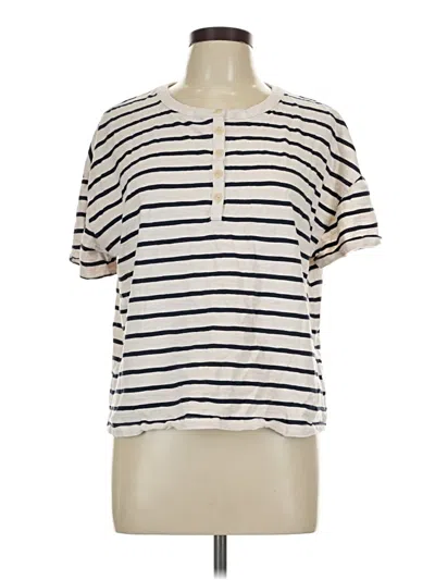 Pre-owned L.l.bean Short Sleeve Top Ivory Stripes Pattern Keyhole Neckline Tops
