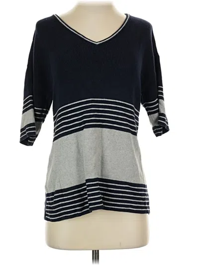Pre-owned L.l.bean Signature 3/4 Sleeve Top Blue Stripes Pattern V-neck Tops