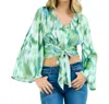 Llove Bowtie Crop Flare Sleeve Top In Green In Green