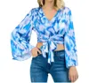 Llove Waist Bowtie Flare Sleeve Top In Blue In Blue