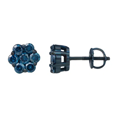 Lmj Fine Jewelry Azure 1 Cts Blue Diamond Cluster Studs Blue Rhodium 10k Gold Earrings In Silver
