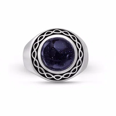 Lmj Men's Blue / Grey Blue Sand Stone Flat Back Cabochon Signet Ring In Black Rhodium Plated Sterling Si In Gray