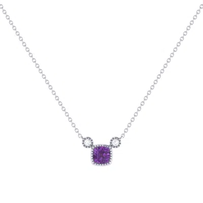 Lmj Women's Silver Cushion Cut Amethyst & Diamond Birthstone Necklace In 14k White Gold