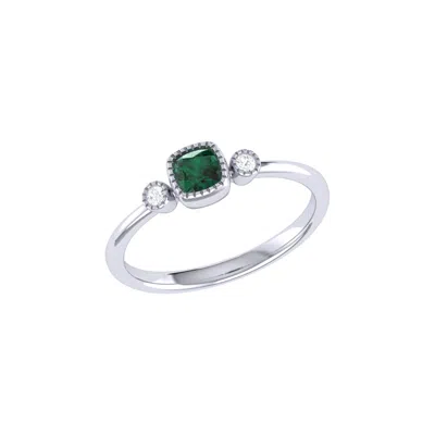 Lmj Women's Silver Cushion Cut Emerald & Diamond Birthstone Ring In 14k White Gold