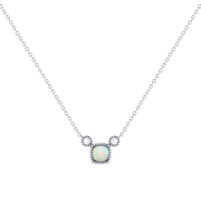 Lmj Women's Silver Cushion Cut Opal & Diamond Birthstone Necklace In 14k White Gold