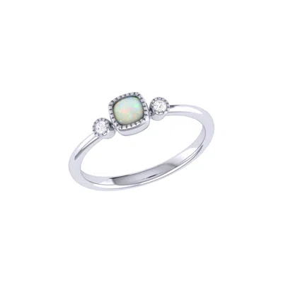 Lmj Women's Silver Cushion Cut Opal & Diamond Birthstone Ring In 14k White Gold