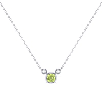 Lmj Women's Silver Cushion Cut Peridot & Diamond Birthstone Necklace In 14k White Gold