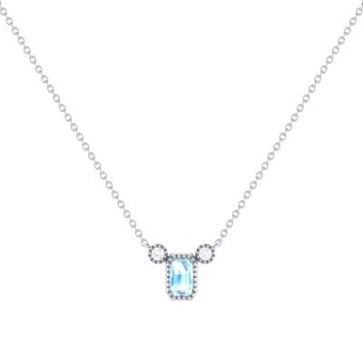 Lmj Women's Silver Emerald Cut Aquamarine & Diamond Birthstone Necklace In 14k White Gold