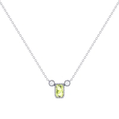 Lmj Women's Silver Emerald Cut Peridot & Diamond Birthstone Necklace In 14k White Gold
