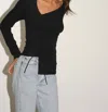 Lna Avi Ruched Rib Top In Black In Black