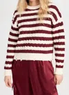 Lna Devi Distressed Cable Knit Sweater In Ivory Burgundy Stripe In Brown