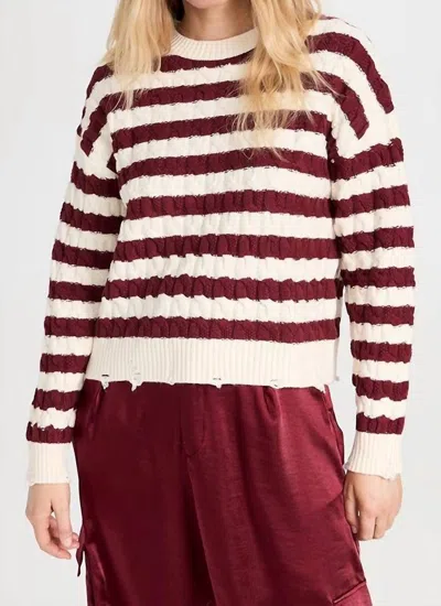 Lna Devi Distressed Cable Knit Sweater In Ivory Burgundy Stripe In Red