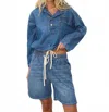 Lna Drawstring Long Sleeve Top In Denim In Blue