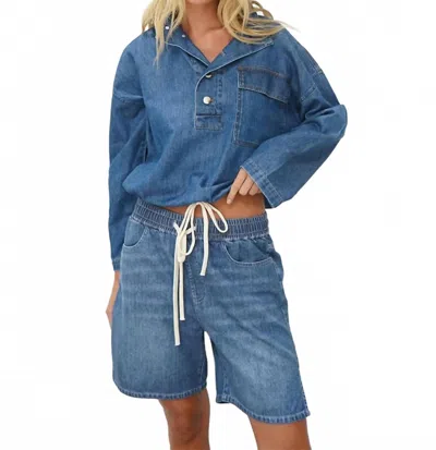 Lna Drawstring Long Sleeve Top In Denim In Blue