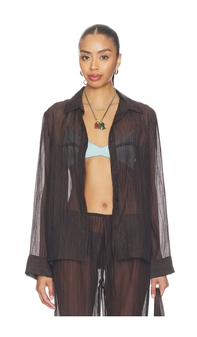 Lna Sylvee Sheer Button Up In Brown