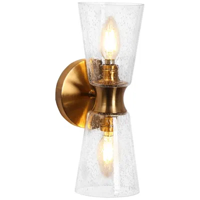 L.n.c. 13.4" Wide Brass Tube-shaped 2-light Vanity Light With Clear Glass Sha