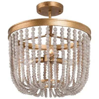 L.n.c. 14" Wide 4-light Brass Wood Beaded Drum Ceiling Light