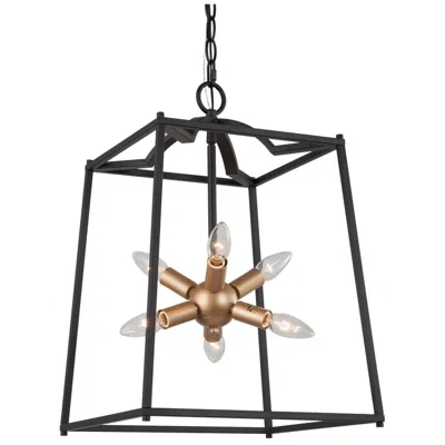 L.n.c. 14" Wide 6-light Black Gold Lantern Square Chandelier