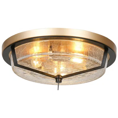 L.n.c. 14.9" Wide 3-light Black Brass Drum Crackle Glass Ceiling Light