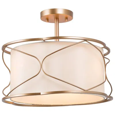 L.n.c. 16" Wide 3-light Brass And Fabric Drum Ceiling Light