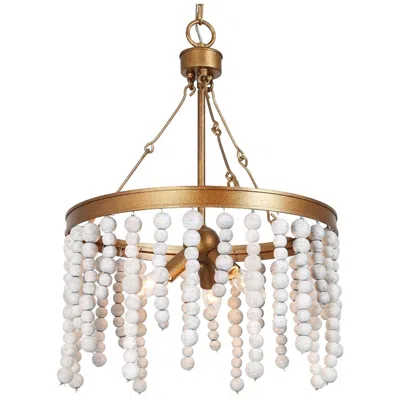 L.n.c. 17" Wide 3-light Brass Wood Beaded Wheel Chandelier