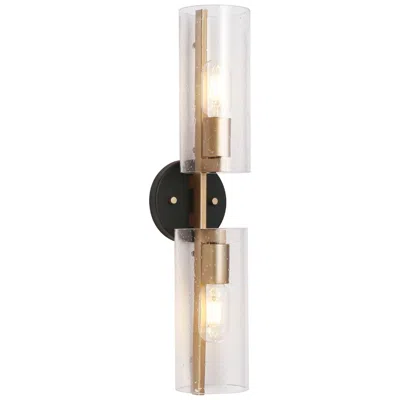 L.n.c. 21.3" Wide Black & Brass Tube-shaped Vanity Light With Seeded Glas