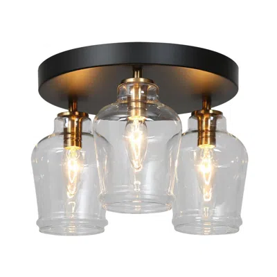 L.n.c. 3-light Matte Black And Plating Bras Ceiling Lamp With Clear Glass