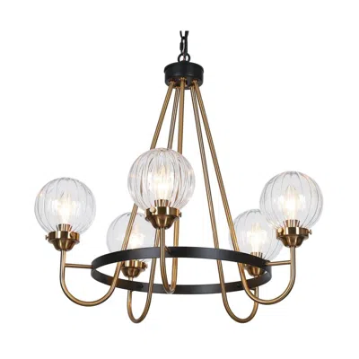 L.n.c. 5-light Matte Black And Plating Brass Chandeliers With Textured Glass