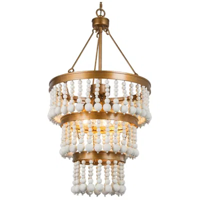 L.n.c. 6-lights 16"w Aged Gold And Distressed White Wood Beads Chandelier