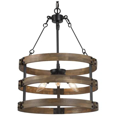 L.n.c. Follio 15.7" Wide 3-light Antique Wood Drum Chandelier
