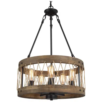 L.n.c. Follio 18" Wide 5-light Rustic Wood Drum Chandelier