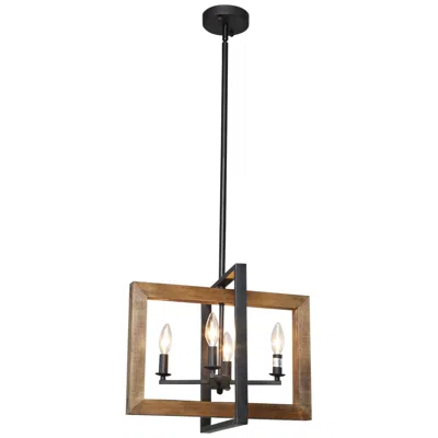 L.n.c. Obilla 18" Wide 4-light Open Rectangle Black And Wood Chandelier