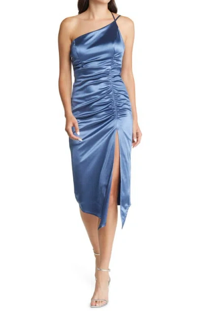 Lnl One-shoulder Satin Cocktail Dress In Denim
