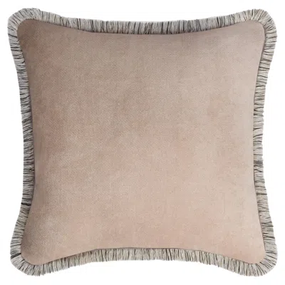 Pre-owned Lo Decor Artic Beige Happy Velvet Pillow With Multicolour Fringes In Brown