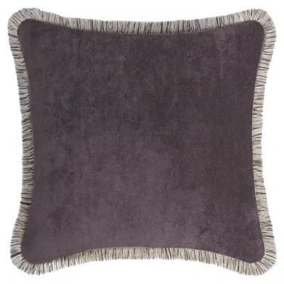 Pre-owned Lo Decor Artic Grey Happy Velvet Pillow With Multicolour Fringes In Gray