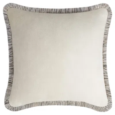 Pre-owned Lo Decor Artic White Happy Velvet Pillow With Multicolour Fringes