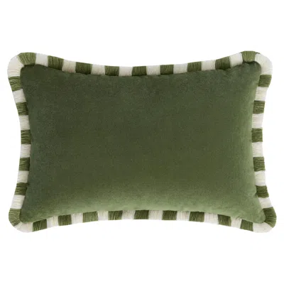 Pre-owned Lo Decor Bicolor Happy Pillow Green Velvet With Green And White Fringes