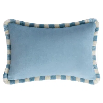 Pre-owned Lo Decor Bicolor Happy Pillow Light Blue Velvet With Light Blue And White Fringes
